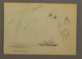 Dessin, études de figures, voilier, arc-en-ciel, peut-être 1868