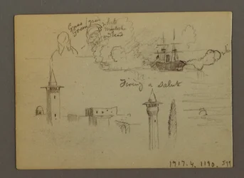 Dessin, études de figures, voilier, arc-en-ciel, peut-être 1868