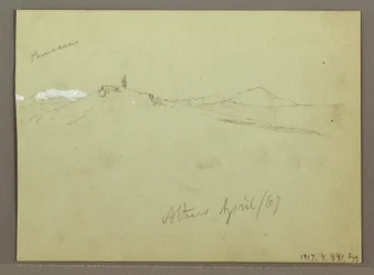 Dessin, Troupeau de moutons et berger, chaînes de montagnes enneigées, avril 1869