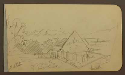 Dessin, jardin, maison, Cuautla ; verso : église, grange, Cuautla, février 1885
