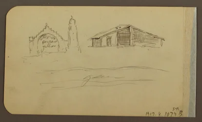 Dessin, jardin, maison, Cuautla ; verso : église, grange, Cuautla, février 1885