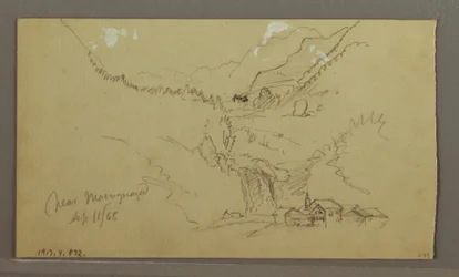 Dessin, Glacier, pont et maison, septembre 1868