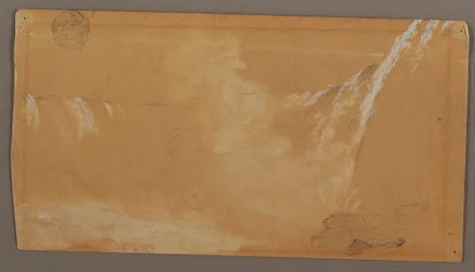 Dessin, la plus grande partie des chutes en fer à cheval, vue du côté canadien de la rivière Niagara, peut-être 1858