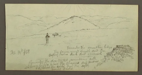 Dessin, tas de pierres, plaine et montagnes, Soleil, 19 février 1868