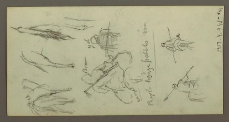 Dessin, tas de pierres, plaine et montagnes, Soleil, 19 février 1868