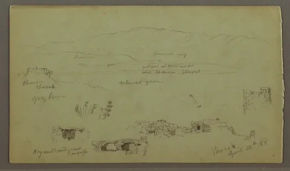 Dessin, chaîne de collines à travers la plaine, ruines, 28 avril 1868