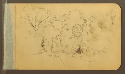 Dessin, collines et chaînes de montagnes ; au verso : route dans les bois, 1889