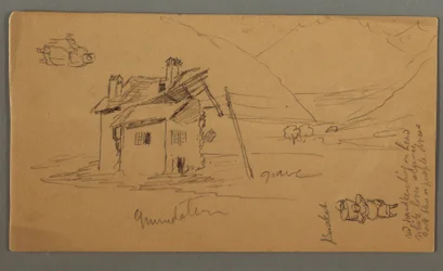 Dessin, Maison Hlaf-Ruinée dans la vallée, deux figures, 1868