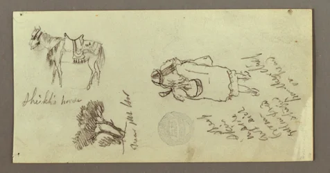 Dessin, cheval, figure de dos, arbres, peut-être 1868