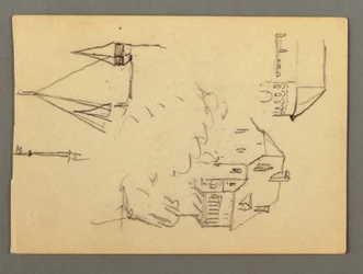 Dessin, maison sur la falaise, tours, peut-être 1868