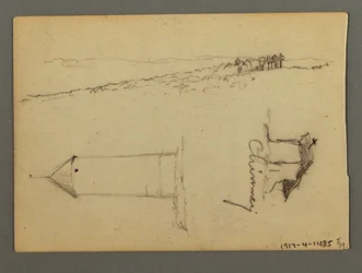 Dessin, maison sur la falaise, tours, peut-être 1868