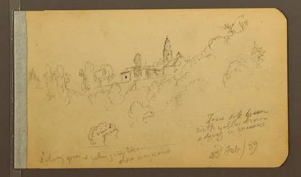 Dessin, maisons, clocher, 23 février 1889