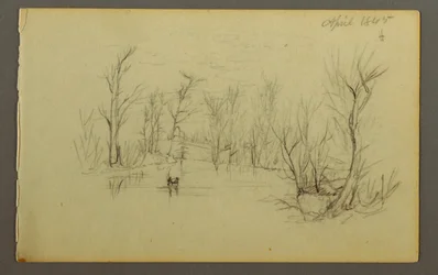 Dessin, étang Htakie ( ), deux personnes dans un canoë, 1845