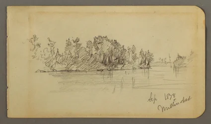 Dessin, lac et rive boisée, 1878