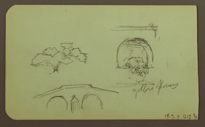 Dessin, paysage, figure ; verso : arbres, pont, plantes, 1883