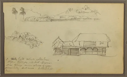 Dessin, paysage, cime des arbres, maison, 1857