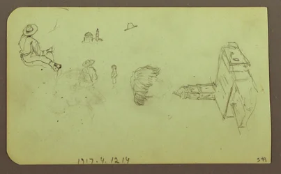 Dessin, paysage ; verso : figures, église, 1883