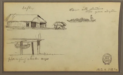 Dessin, paysage ; verso : maisons, canoë, 1857