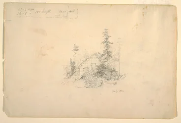 Dessin, cabane en rondins entourée d
