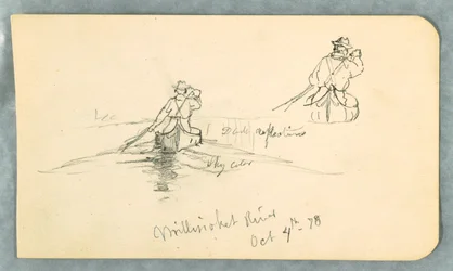 Dessin, homme pagayant un canoë sur la rivière Millinoket [sic], 4 octobre 1878