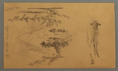 Dessin, Homme dans un bateau, Rocky Peak over Pines, peut-être 1868