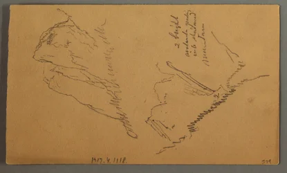 Dessin, Homme dans un bateau, Rocky Peak over Pines, peut-être 1868