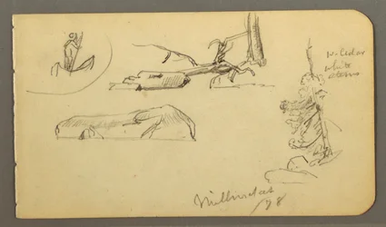 Dessin, Homme en bateau, rochers, tronc d