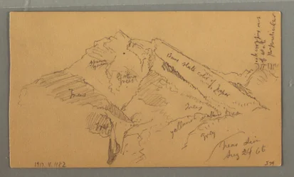 Dessin, château médiéval, maison en cascade, 24 août 1868
