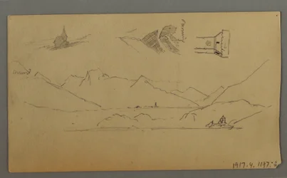 Dessin, château médiéval, deux tours, études de personnages, près de Thun, peut-être 1868