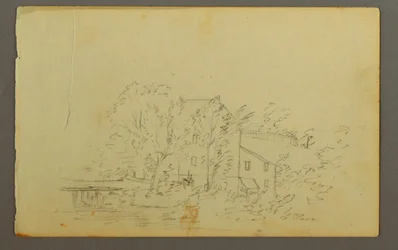 Dessin, moulin entouré d