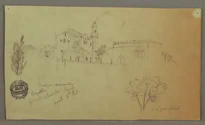Dessin, Mosquée et bâtiments adjacents, arbres, 4 avril 1868