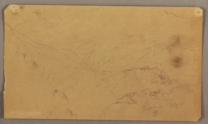 Dessin, paysage de montagne, Jamaïque, Antilles, juillet 1865