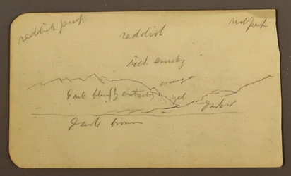 Dessin, paysage de montagne ; verso : inscriptions, 1885