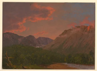 Dessin, paysage de montagne au coucher du soleil, 1865