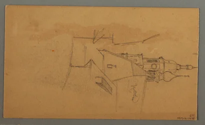 Dessin, pic montagneux, végétation en bordure de piscine, 1868