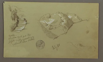 Dessin, sommets montagneux, rivière, juillet 1868