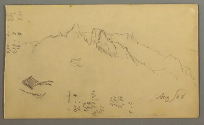 Dessin, pics montagneux, sanctuaire au bord de la route, août 1868