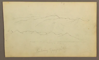 Dessin, chaînes de montagnes "entrant dans Guayaquil" ; verso : rive du fleuve, croquis botaniques, peut-être 1857