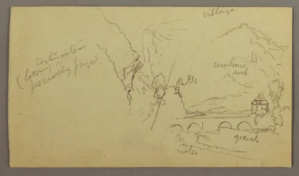 Dessin, vallée montagneuse, pont, bâtiments, peut-être 1868-69