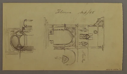 Dessin, vallée montagneuse, pont, bâtiments, peut-être 1868-69