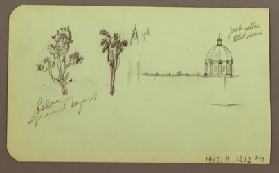 Dessin, Montagne, arbre, personnage ; Verso : église, arbre, 1883