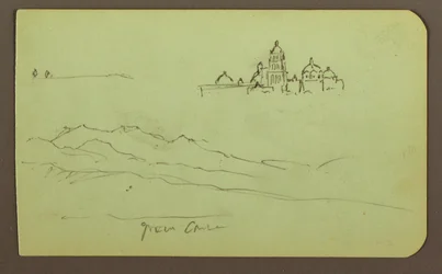 Dessin, montagnes, église ; verso : figures, église, 1883
