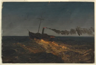Dessin, bateau à aubes au crépuscule, vers 1853