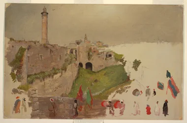 Dessin, défilé entrant dans la ville, Jaffa, début mars 1868
