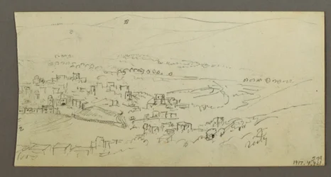 Dessin, piscine et bâtiments, peut-être 1868