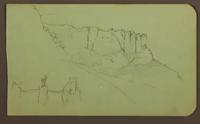 Dessin, paroi rocheuse, pilastre ; verso : paysage de montagne, figures, 1883