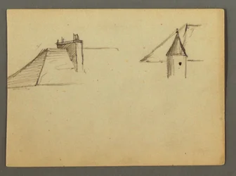 Dessin, toit avec cheminée, tourelle, peut-être 1868
