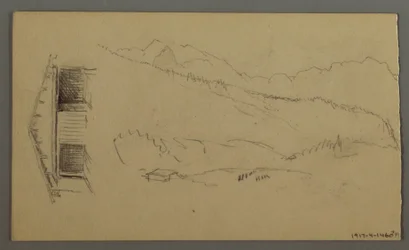 Dessin, toits, portes, pics montagneux, août 1868