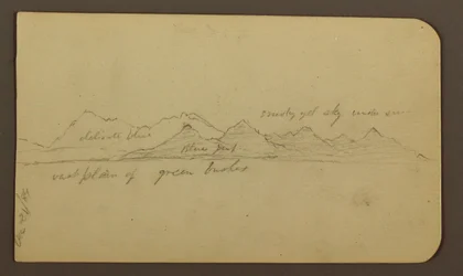 Dessin, montagne escarpée traversant une plaine ; verso : figures, paysage, 12 décembre 1884