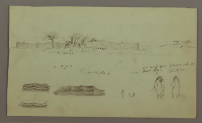 Dessin, ruines entourées de murs, tentes, études de deux figures, 28 avril 1868